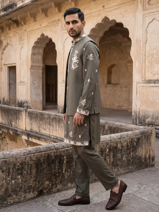 Japanese Fabric Floral Embroidered Kurta Pyjama & Waistcoat Set
