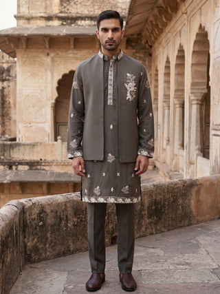 Japanese Fabric Floral Embroidered Kurta Pyjama & Waistcoat Set