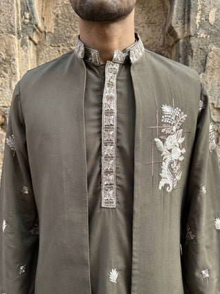Japanese Fabric Floral Embroidered Kurta Pyjama & Waistcoat Set