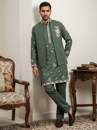 Japanese Fabric Floral Embroidered Kurta Pyjama & Waistcoat Set