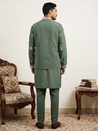 Japanese Fabric Floral Embroidered Kurta Pyjama & Waistcoat Set