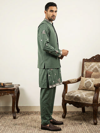 Japanese Fabric Floral Embroidered Kurta Pyjama & Waistcoat Set