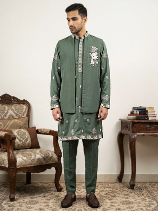 Japanese Fabric Floral Embroidered Kurta Pyjama & Waistcoat Set