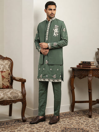 Japanese Fabric Floral Embroidered Kurta Pyjama & Waistcoat Set