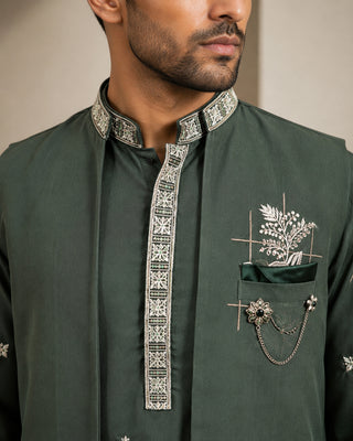 Japanese Fabric Floral Embroidered Kurta Pyjama & Waistcoat Set