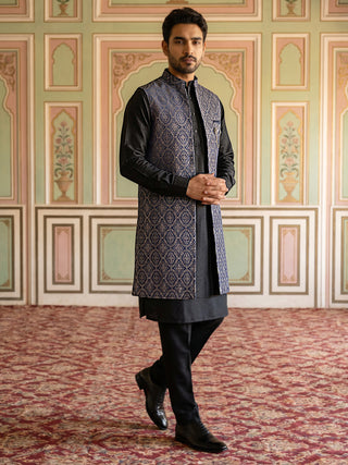 Jacquard Woven Silk Blend Waistcoat Kurta Set