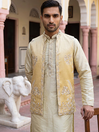Men Silk Blend Embroidered Kurta Pyjama with Waistcoat Set