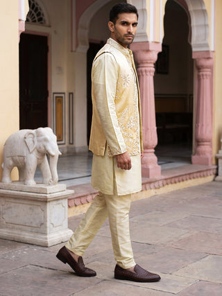 Men Silk Blend Embroidered Kurta Pyjama with Waistcoat Set
