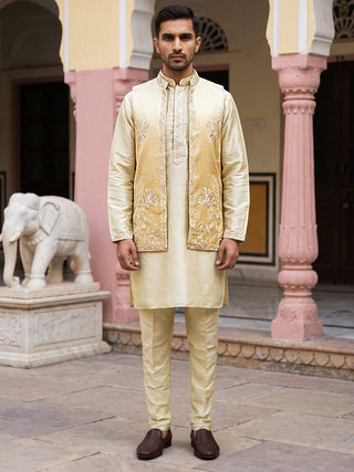 Men Silk Blend Embroidered Kurta Pyjama with Waistcoat Set