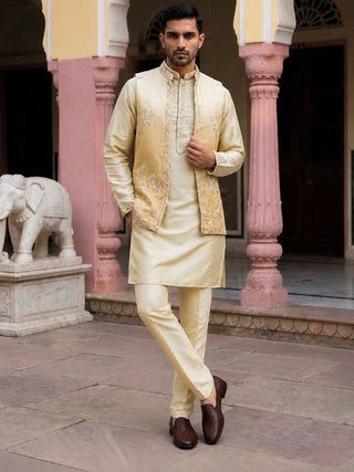 Men Silk Blend Embroidered Kurta Pyjama with Waistcoat Set