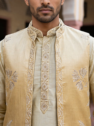 Men Silk Blend Embroidered Kurta Pyjama with Waistcoat Set