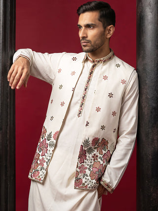 Japanese Fabric Embroidered Kurta & Waistcoat Set
