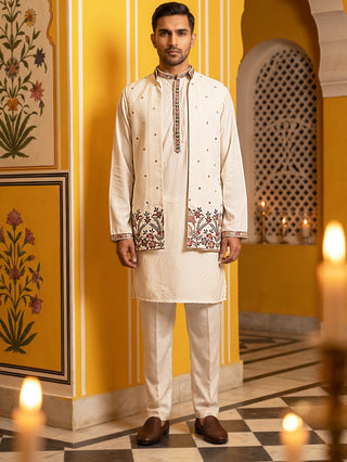 Japanese Fabric Embroidered Kurta with Waistcoat Set