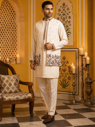 Japanese Fabric Embroidered Kurta with Waistcoat Set