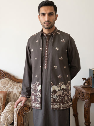 Japanese Fabric Embroidered Kurta & Waistcoat Set