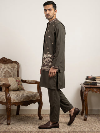 Japanese Fabric Embroidered Kurta & Waistcoat Set