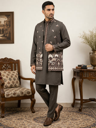 Japanese Fabric Embroidered Kurta & Waistcoat Set