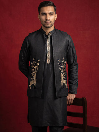 Silk Blend Embroidered Kurta Waistcoat Set
