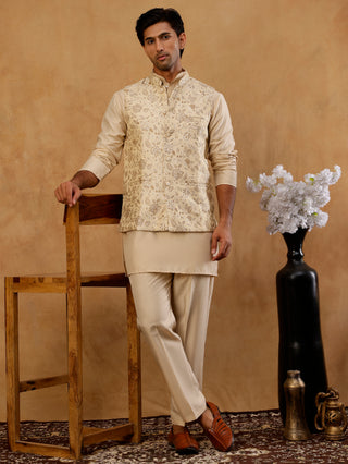 Men's Floral Jacquard Silk Blend Nehru Jacket with Kurta Set