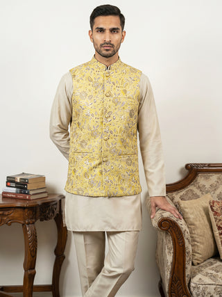 Men's Floral Jacquard Silk Blend Nehru Jacket with Kurta Set