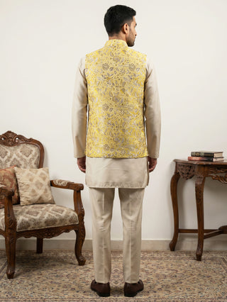 Men's Floral Jacquard Silk Blend Nehru Jacket with Kurta Set