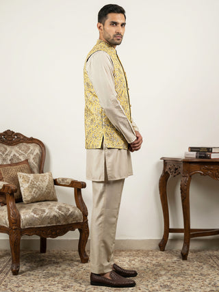 Men's Floral Jacquard Silk Blend Nehru Jacket with Kurta Set