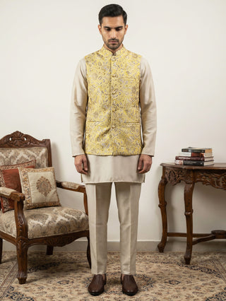 Men's Floral Jacquard Silk Blend Nehru Jacket with Kurta Set