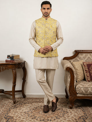 Men's Floral Jacquard Silk Blend Nehru Jacket with Kurta Set