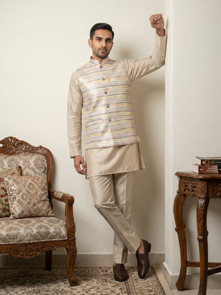 Men Cotton Blend Woven Nehru Jacket with Kurta Set