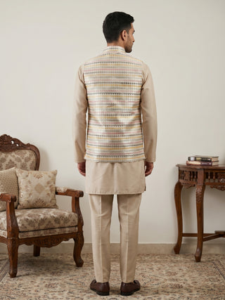 Men Cotton Blend Woven Nehru Jacket with Kurta Set