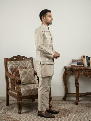 Men Cotton Blend Woven Nehru Jacket with Kurta Set