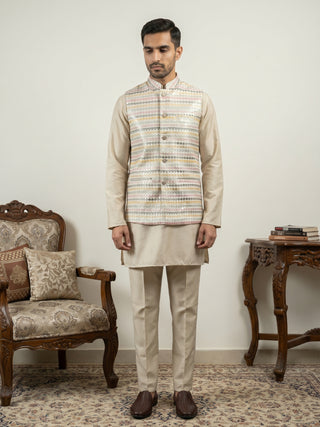 Men Cotton Blend Woven Nehru Jacket with Kurta Set