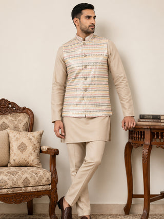 Men Cotton Blend Woven Nehru Jacket with Kurta Set