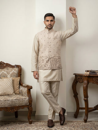 Men Cotton Blend Printed Nehru Jacket Kurta Set