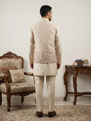 Men Cotton Blend Printed Nehru Jacket Kurta Set