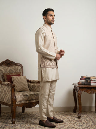 Men Cotton Blend Printed Nehru Jacket Kurta Set