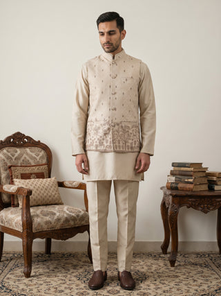 Men Cotton Blend Printed Nehru Jacket Kurta Set