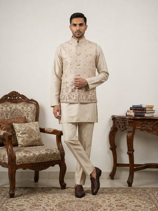 Men Cotton Blend Printed Nehru Jacket Kurta Set