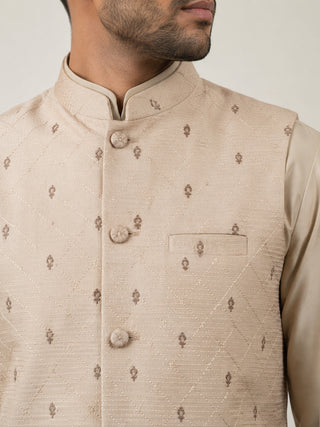 Men Cotton Blend Printed Nehru Jacket Kurta Set