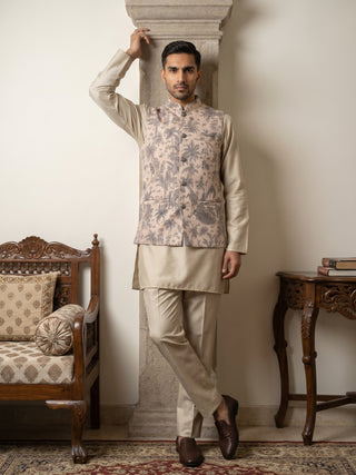 Printed Cotton Blend Nehru Jacket with Kurta & Pyjama Set