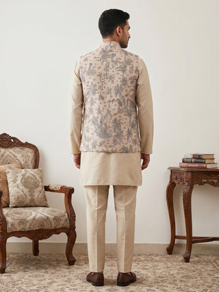 Printed Cotton Blend Nehru Jacket with Kurta & Pyjama Set