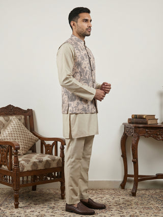 Printed Cotton Blend Nehru Jacket with Kurta & Pyjama Set