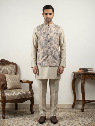Printed Cotton Blend Nehru Jacket with Kurta & Pyjama Set