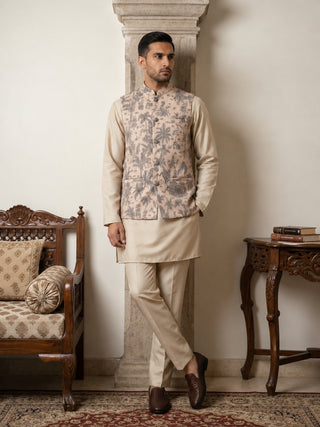 Printed Cotton Blend Nehru Jacket with Kurta & Pyjama Set