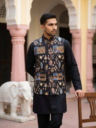 Men Cotton Blend Printed Nehru Jacket with Solid Kurta Set