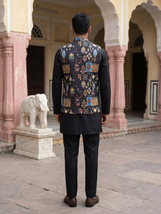 Men Cotton Blend Printed Nehru Jacket with Solid Kurta Set