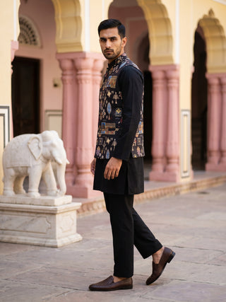 Men Cotton Blend Printed Nehru Jacket with Solid Kurta Set