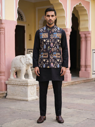Men Cotton Blend Printed Nehru Jacket with Solid Kurta Set