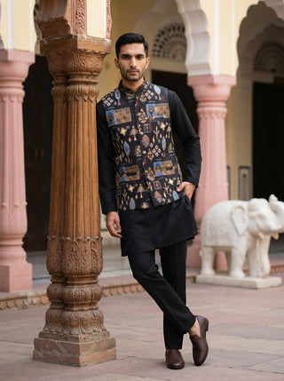 Men Cotton Blend Printed Nehru Jacket with Solid Kurta Set