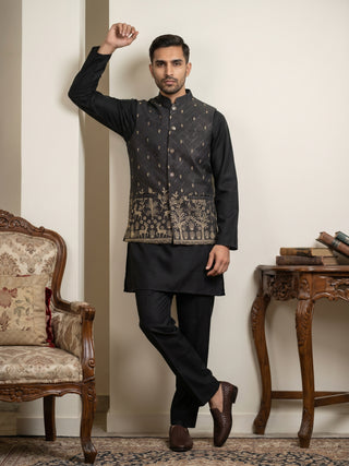 Men Cotton Blend Printed Nehru Jacket Kurta Set